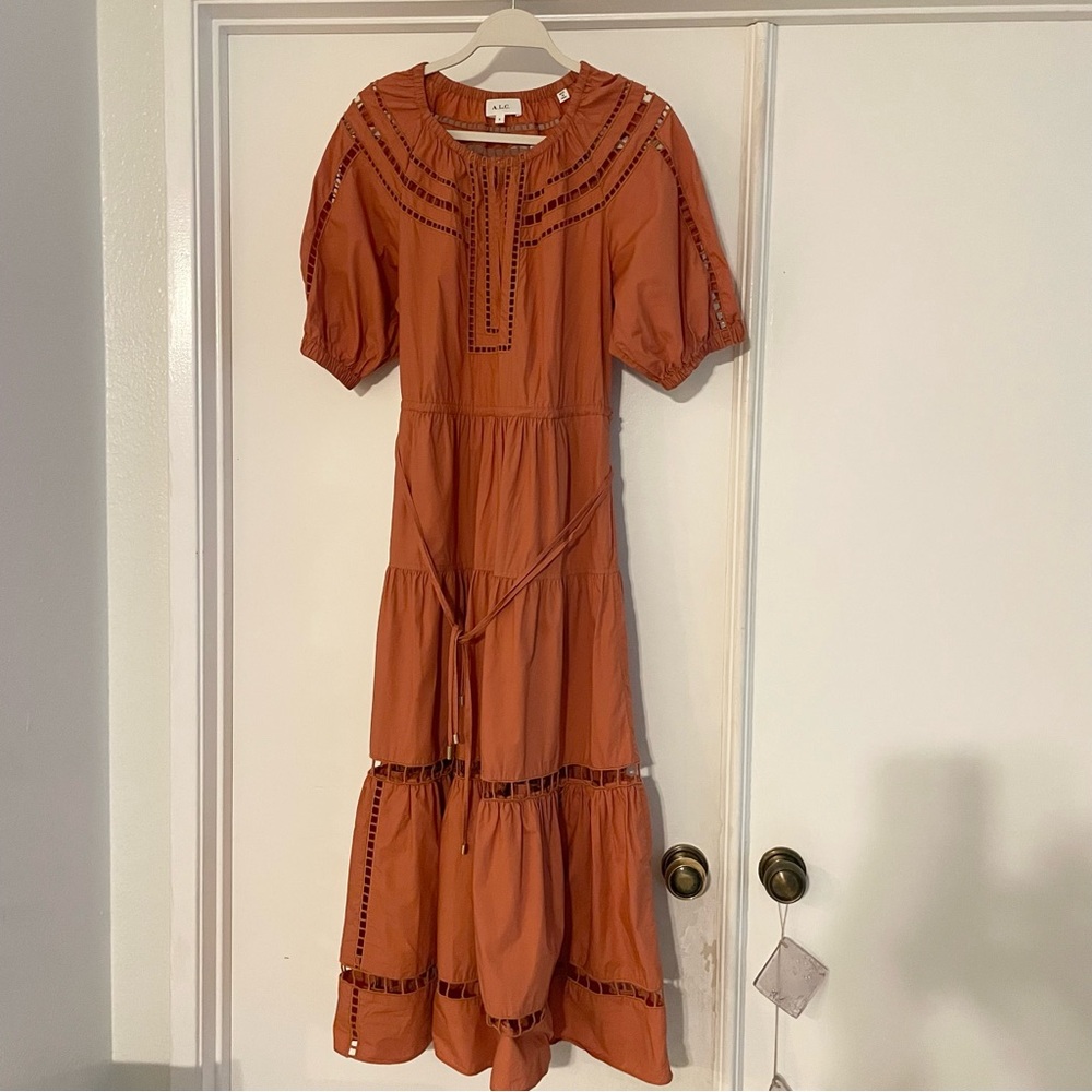 A.L.C. Maryn lipstick orange midi dress with embroidered details